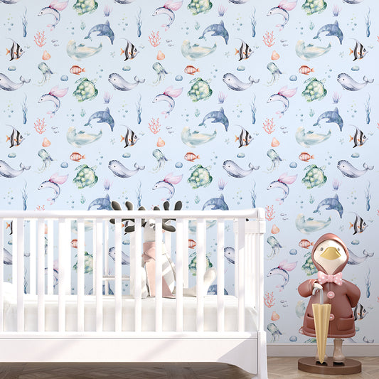 Cute Marine Life for Kids Room Wallpaper, Customised