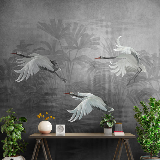 Musafir Beautiful Cranes Grey Wallpaper