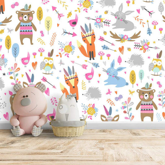 Cute Deers and Bears Tribal Theme Children Wallpaper