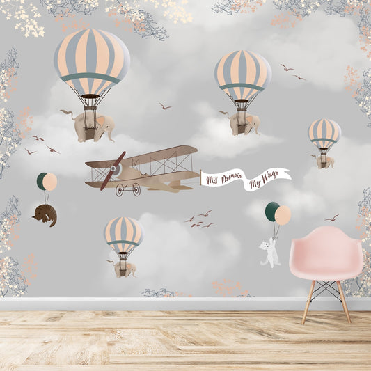 Elephants and Plane Theme Wallpaper for Kids Room