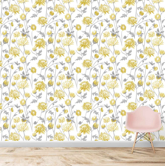 Yellow Floral Wallpaper, Custom Made for Walls