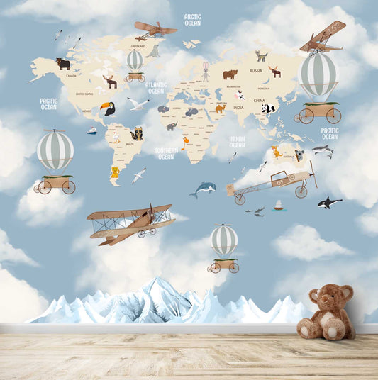 World Map with Hot Air Balloons and Gliders, Kids Wall Murals, Blue