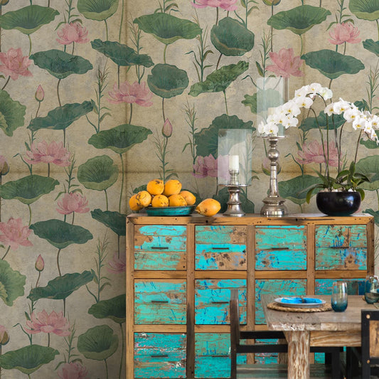 Vintage Lotuses, A Rustic Theme Room Wallpaper