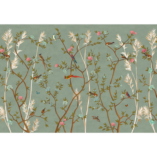 Green Chinoiserie Wallpaper with Flowers and Birds, Customised