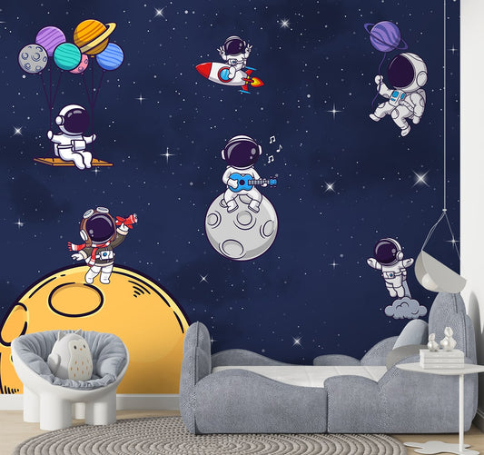 Adorable Astronauts Wall Mural - Kids Bedrooms, Blue