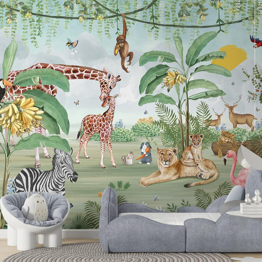 Cute Jungle Animals Mama and Kids Wallpaper for Kids, Customised