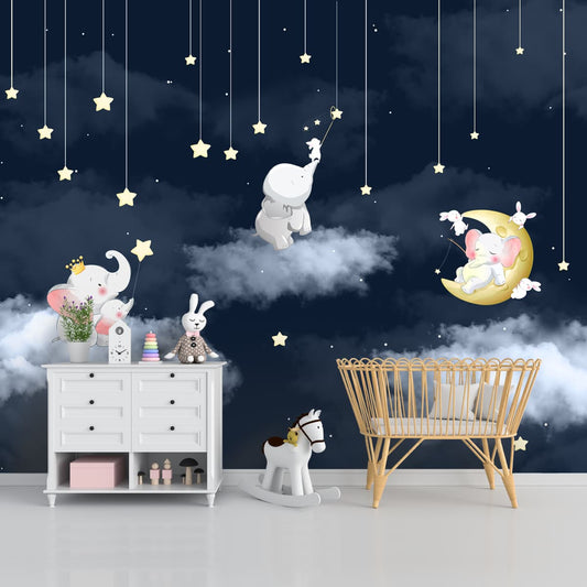 Elephants in Night Scene Kids Room Wallpaper