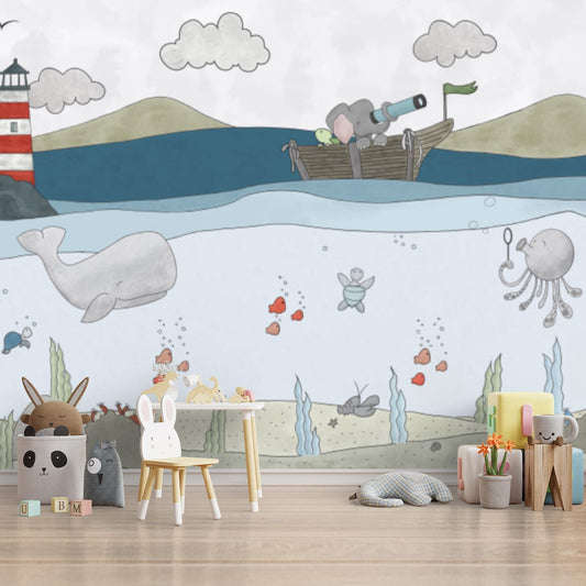 Aquatic Animals Kids Room Wallpaper, Ocean Theme Wallpapers for Kids, Customised