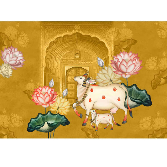 Pichwai Style Wallpaper for Lobby and Temple Walls, Yellow