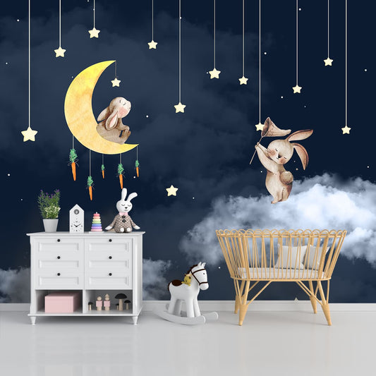 Bunnies in Night Kids Room Wallpaper, Blue