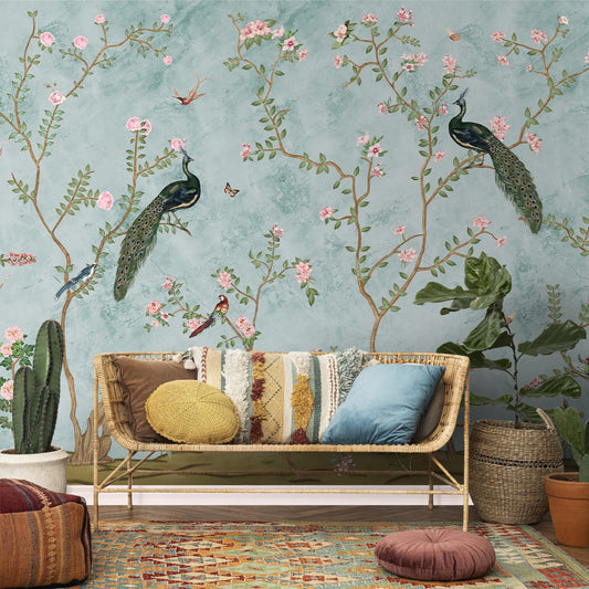 Bagiya, Peacock Chinoiserie Wallpaper, Customised