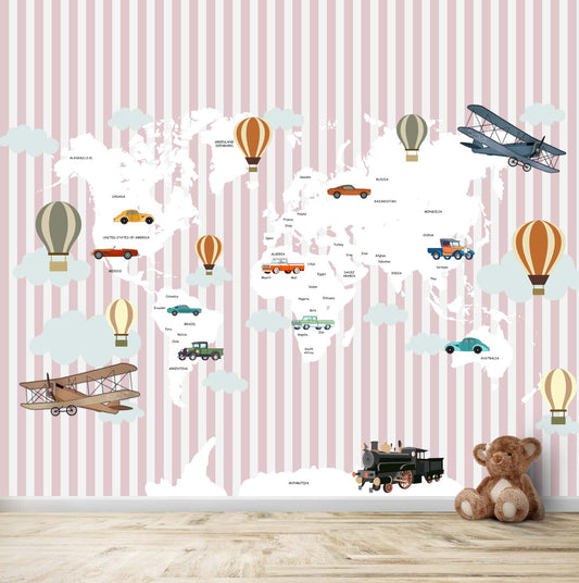 World Map with Gliders, Hot Air Balloons and Vintage Cars, Kids Room World Maps