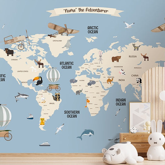 Pastel Blue Kids Room World Map Wallpaper