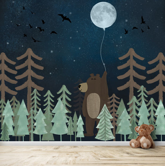 Jungle Theme Giant Bear, Nightscape With Glittery Stars, mural for kids room, Customised