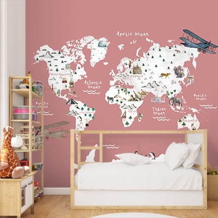 World Map Wallpaper for Young Kids, World Map with Monuments & Animals