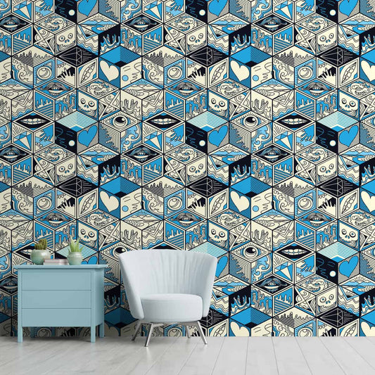 Abstract Cubical Pattern Art Form Wallpaper, Blue