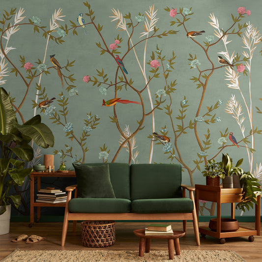 Green Chinoiserie Wallpaper with Flowers and Birds, Customised