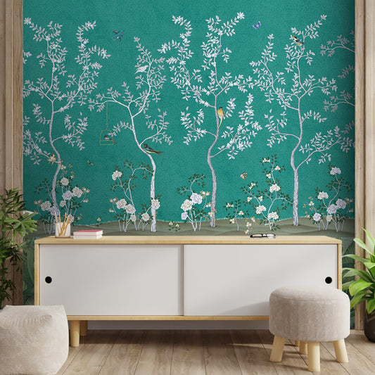 Green Chinoiserie Design Wallpapers for Walls, Customised