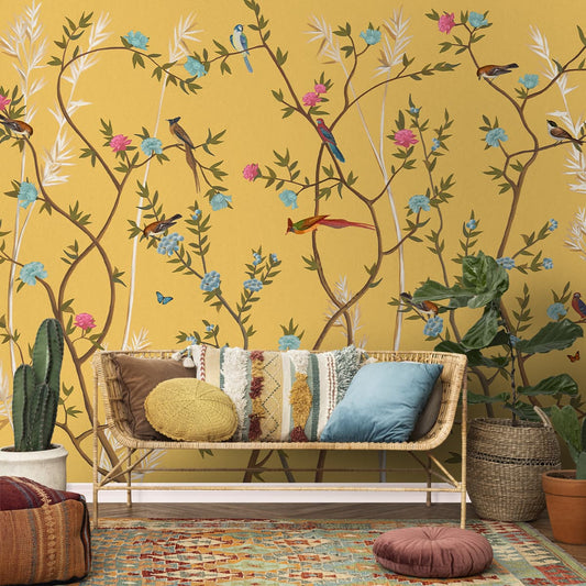 Yellow Chinoiserie Wallpaper with Flowers and Birds, Customised