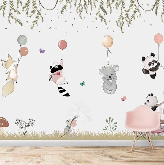 Cute Animals Flying With Balloons Theme for Kids Room