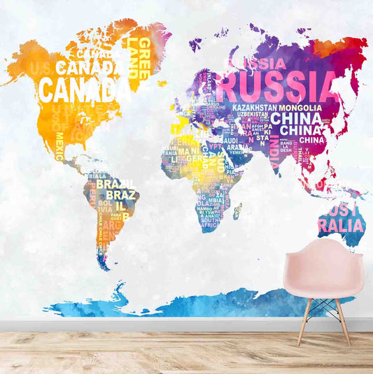 Abstract Colourful World Map for Walls, Vibrant Colors, Customised