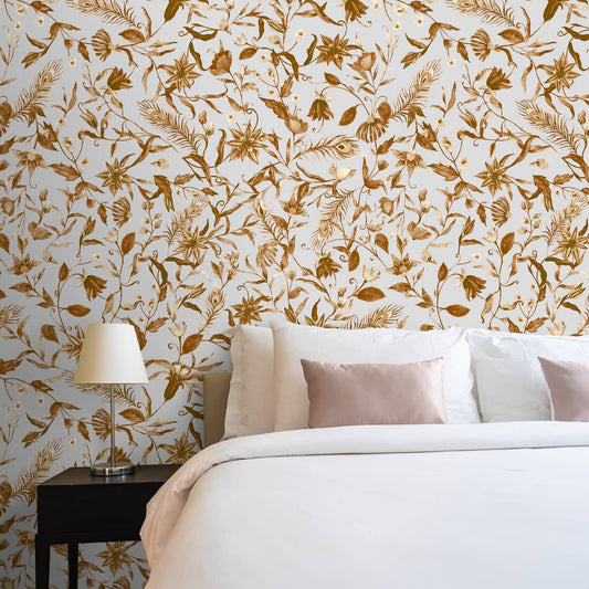 Vintage Seamless Floral & Leaves Pattern, Brown Wallpaper