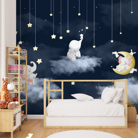 Elephants in Night Scene Kids Room Wallpaper