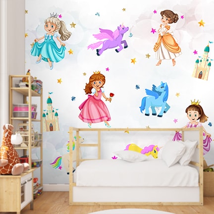 Princes and Unicorn Theme Girls Wallpapers, Kids Room Wallpaper Design, Customised