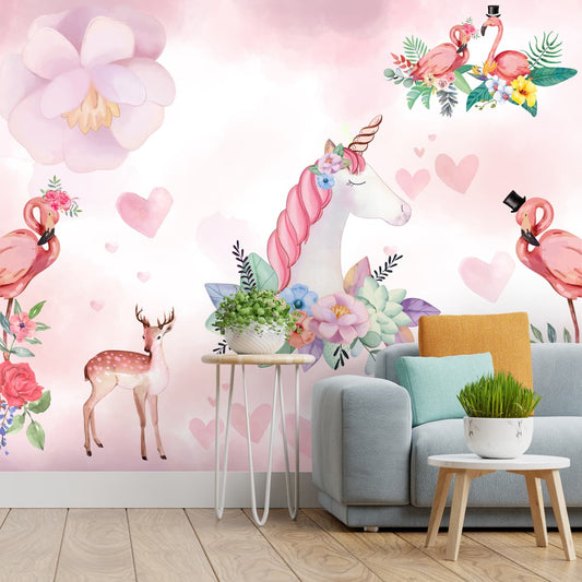 Unicorn Wallpaper Design for Girls Rooms, Water Color Theme, Pink