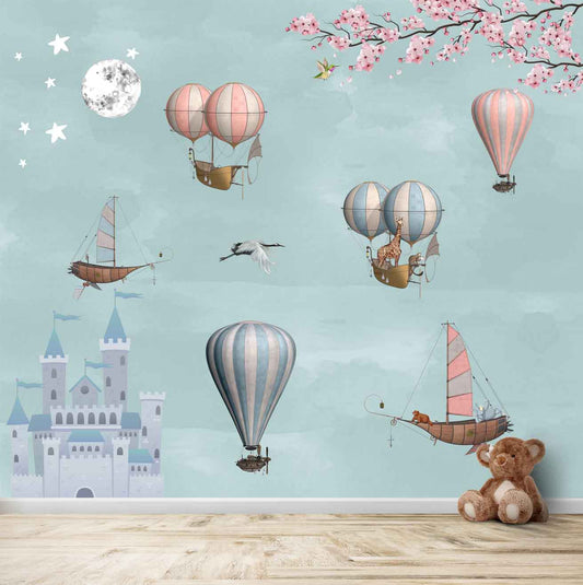 Cute Animals in Hot Air Balloon Wallpaper, Children Room, Customised