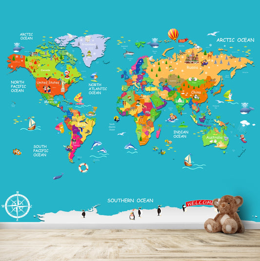 Blue Colourful World Map for Kids Room Walls