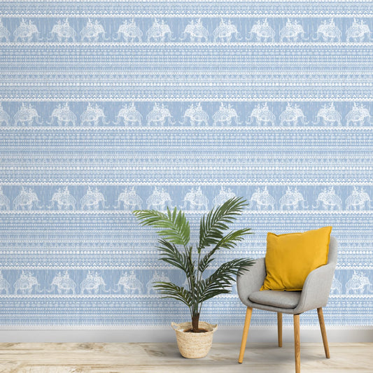 Blue Indian Fabric Look with Elephants Wallpaper