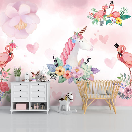 Unicorn Wallpaper Design for Girls Rooms, Water Color Theme, Pink