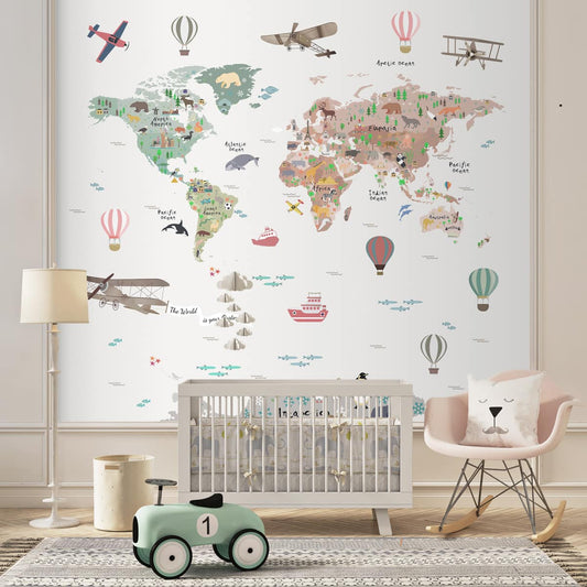 Pastel World Map Wallpaper with Balloons for Kids Room, Customised