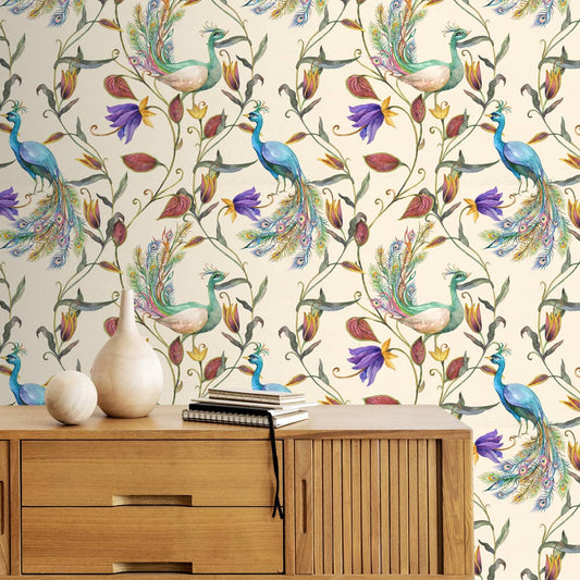 Water Paint Look Customised Peacock Design Wallpaper for Walls