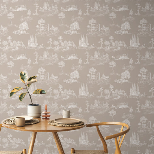 Chic Toile Design Wallpaper for Wall Beige