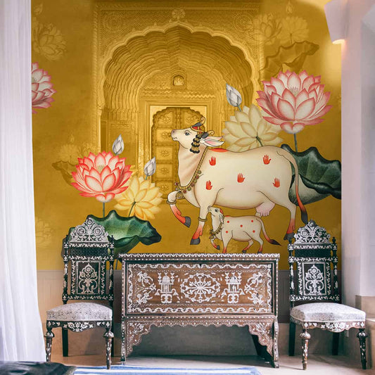 Pichwai Style Wallpaper for Lobby and Temple Walls, Yellow