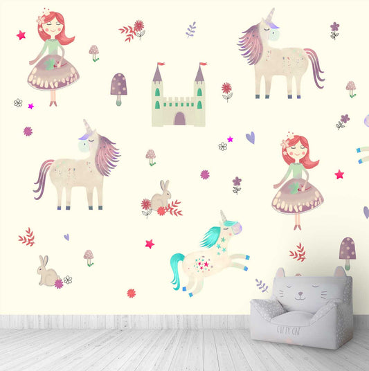 Unicorns and Castle Cute Wallpaper Design for Girl Kid Room Walls, Customised