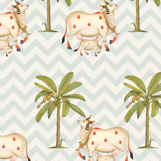 Pichwai Cows in Chevron Pattern Wallpaper