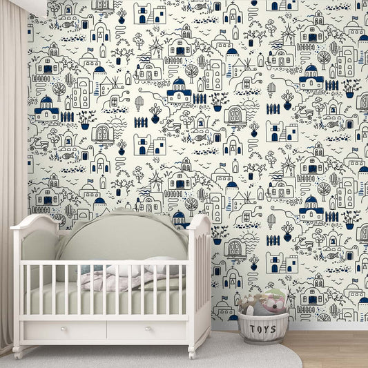 Whimsical Santorini Dreams: Doodle Art Wallpaper