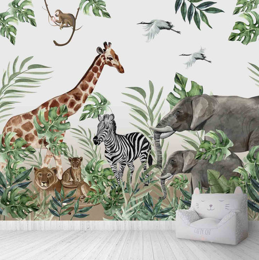 Jungle Theme Kids Room Wallpaper, Giraffe, Elephant, Lioness,Cub, Zebra, Customised