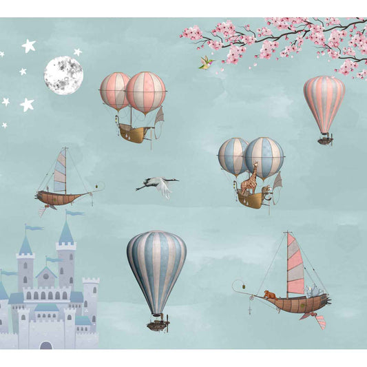 Cute Animals in Hot Air Balloon Wallpaper, Children Room, Customised