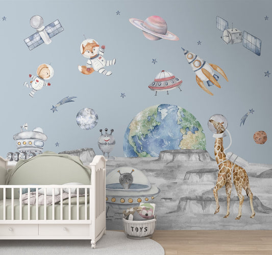 Lets go on a moon walk, Cute kids room wallpaper,  Blue