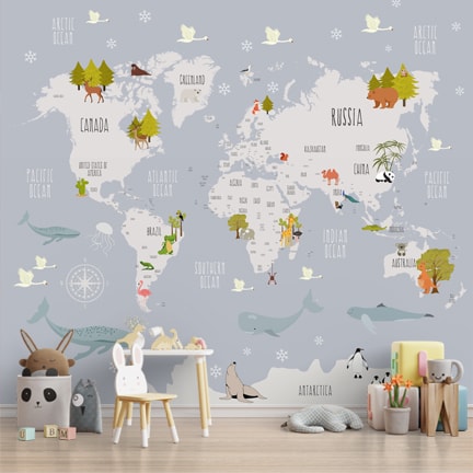 Large World Map Wallpaper with Cute Animals for Walls, Grey