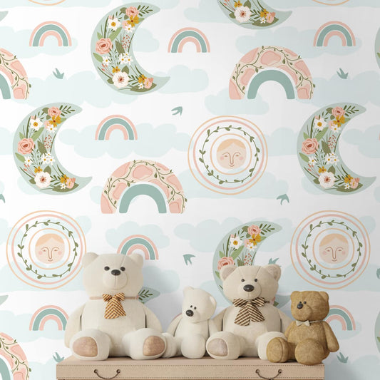 Floral Rainbows and Moon Baby Wallpaper, Customised