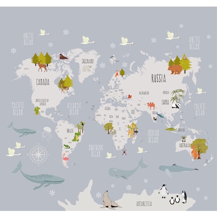 Large World Map Wallpaper with Cute Animals for Walls, Grey