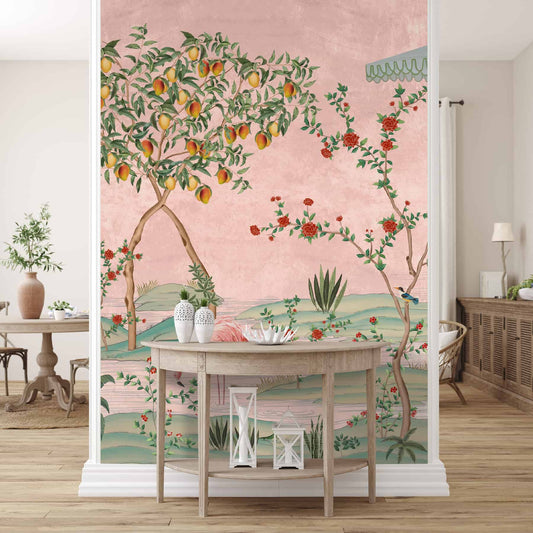 Gulbiya, Pink Chinoiserie Wallpaper, Sukoon Collection, Customised