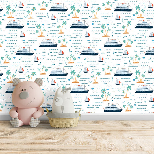 Cruise Boat Nautical Design Kids Wallpaper, Customised