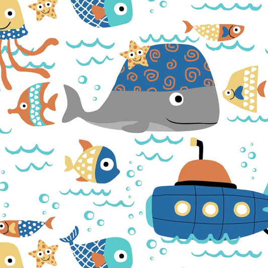 Cute Underwater Theme Wallpaper with Whale and Ships, Customised