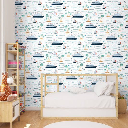 Cruise Boat Nautical Design Kids Wallpaper, Customised